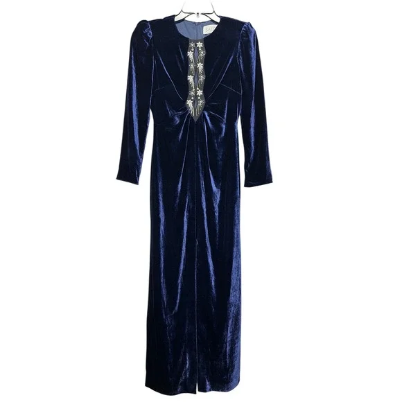 Saloni Jinx C Navy Blue Velvet Crystal Embellished Midi Dress Long Sleeve Slit - Picture 6 of 11